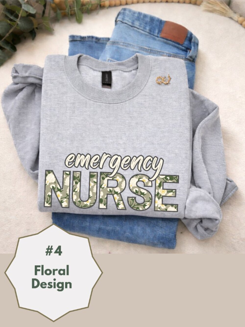 Emergency Nurse Floral Sweatshirt Gray Nurse Crewneck Cozy RN Gift Cute Nurse - Picture 7 of 14